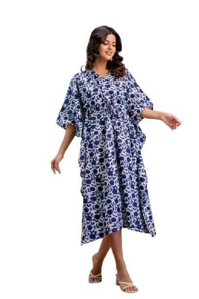Plus Size Floral Kaftan Dress, Blue and White Print, Cotton Midi Length, Batwing Sleeves
