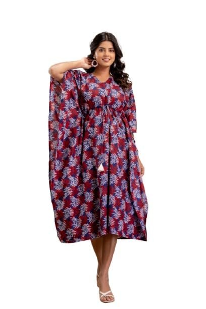 Plus Size Floral Kaftan Dress, Blue and White Print, Cotton Midi Length, Batwing Sleeves