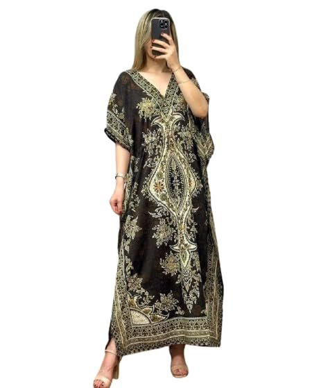 NAIADES Women's Kaftan Dress – Bohemian Printed V-Neck Long Maxi Caftan with Loose Fit & Elegant Design (Kaftan-Kurti)
