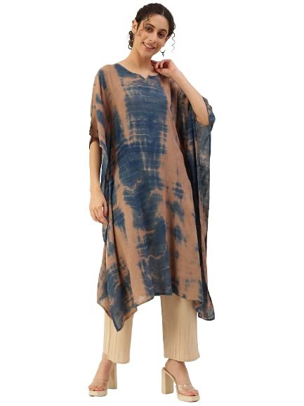 Maaesa Women Handcrafted Tie & Dye Rayon Crepe Kaftan Kurta | Casual Wear | Flowy Kaftan Style | Lightweight & Breathable Fabric