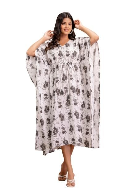 Plus Size Floral Kaftan Dress, Blue and White Print, Cotton Midi Length, Batwing Sleeves