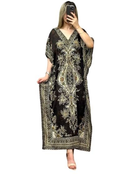 NAIADES Women's Kaftan Dress – Bohemian Printed V-Neck Long Maxi Caftan with Loose Fit & Elegant Design (Kaftan-Kurti)
