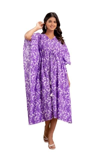 Plus Size Floral Kaftan Dress, Blue and White Print, Cotton Midi Length, Batwing Sleeves