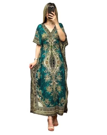NAIADES Women's Kaftan Dress – Bohemian Printed V-Neck Long Maxi Caftan with Loose Fit & Elegant Design (Kaftan-Kurti)