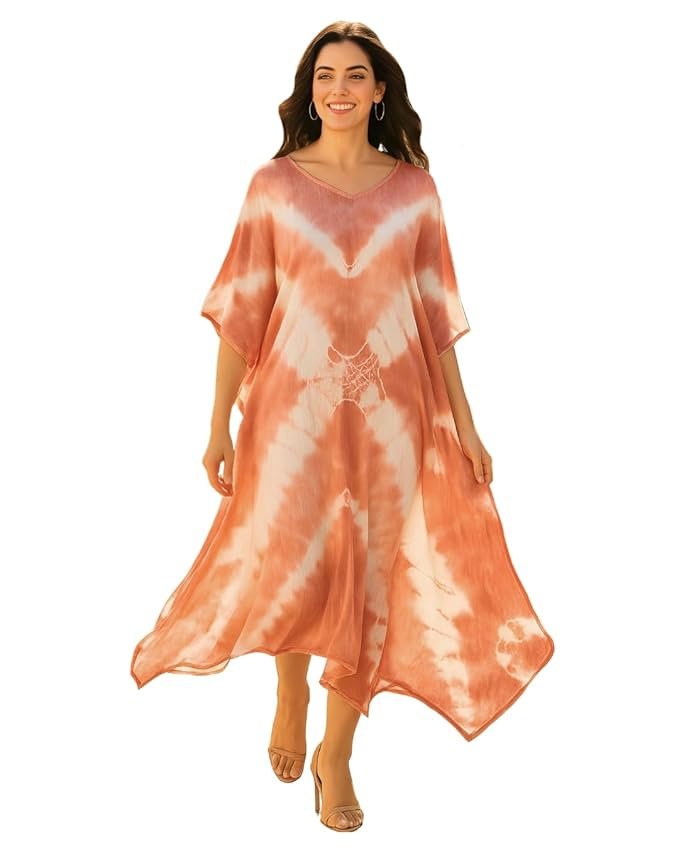 Maaesa Women Handcrafted Tie & Dye Rayon Kaftan Dress | Casual Wear | Flowy Kaftan Style | Lightweight & Breathable Fabric