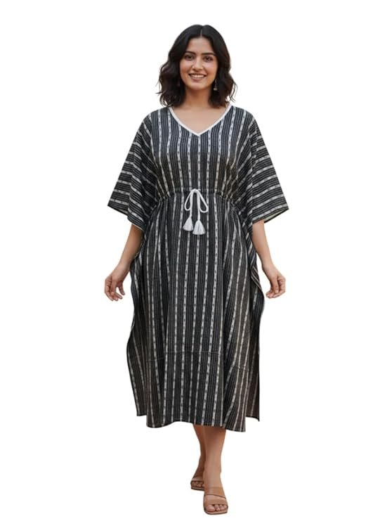 Crafts Moda Women's Cotton Kaftan - Night Dress Loungewear Relaxed Fit Midi Dress - Free Size Kantha Work Caftan
