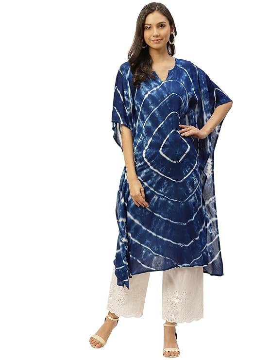 Maaesa Women Handcrafted Tie & Dye Rayon Crepe Kaftan Kurta | Casual Wear | Flowy Kaftan Style | Lightweight & Breathable Fabric