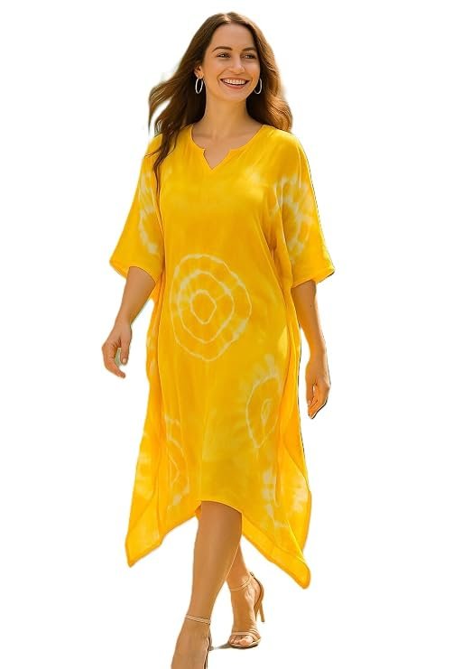 Maaesa Women Handcrafted Tie & Dye Rayon Kaftan Dress | Casual Wear | Flowy Kaftan Style | Lightweight & Breathable Fabric