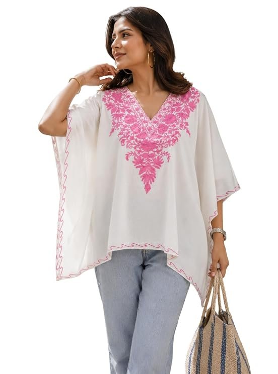 Women's Cotton Kashmiri Aari Embroidered Kaftan Top, Boho Floral V-Neck, Summer Casual Wear | Length 25 Inch | Free Size |