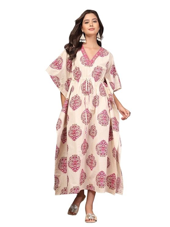 Daevish Cotton Floral Block Print Kaftan for Women, Cream and Pink, V-Neck, Batwing Sleeve, Maxi Length, Drawstring Waist
