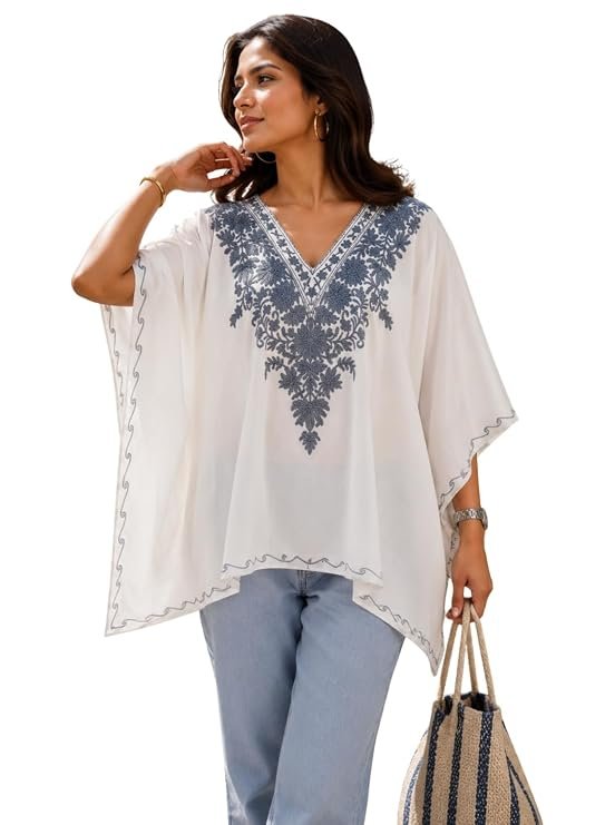 Women's Cotton Kashmiri Aari Embroidered Kaftan Top, Boho Floral V-Neck, Summer Casual Wear | Length 25 Inch | Free Size |