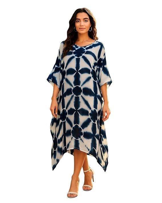 Maaesa Women Handcrafted Tie & Dye Rayon Kaftan Dress | Casual Wear | Flowy Kaftan Style | Lightweight & Breathable Fabric