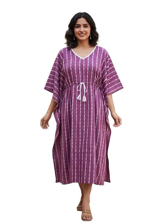 Crafts Moda Women's Cotton Kaftan - Night Dress Loungewear Relaxed Fit Midi Dress - Free Size Kantha Work Caftan