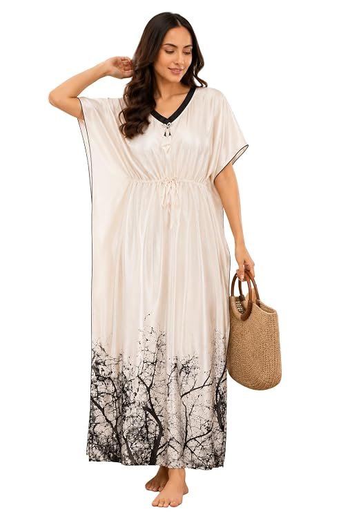 Noty ® Women's Kaftan Nighty | Digital Print | Sarena Fabric | V Shaped Neck Nightwear | Nightdress for Girl