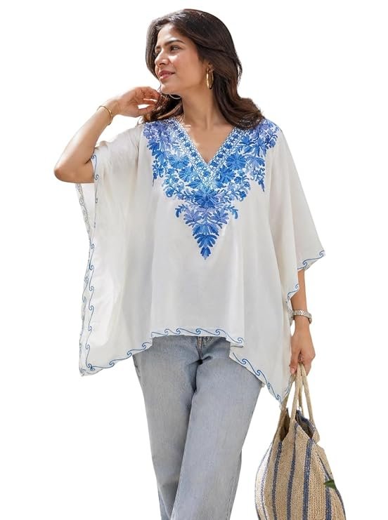 Women's Cotton Kashmiri Aari Embroidered Kaftan Top, Boho Floral V-Neck, Summer Casual Wear | Length 25 Inch | Free Size |