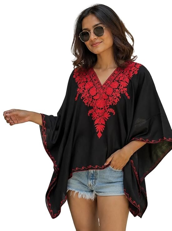 Women's Cotton Kashmiri Aari Embroidered Kaftan Top, Boho Floral V-Neck, Summer Casual Wear | Length 25 Inch | Free Size |