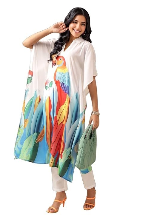 V4M Women's White Printed Regular Cotton Blend Kurta Sets | Kaftan Set for Women