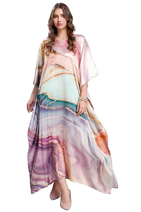 Label Aarna Premium Soft Satin Kaftan Dress for Women / Digital Print / Free Size (M-3XL) / Hidden Adjustable Belt / Full length / Maxi / Resort Wear