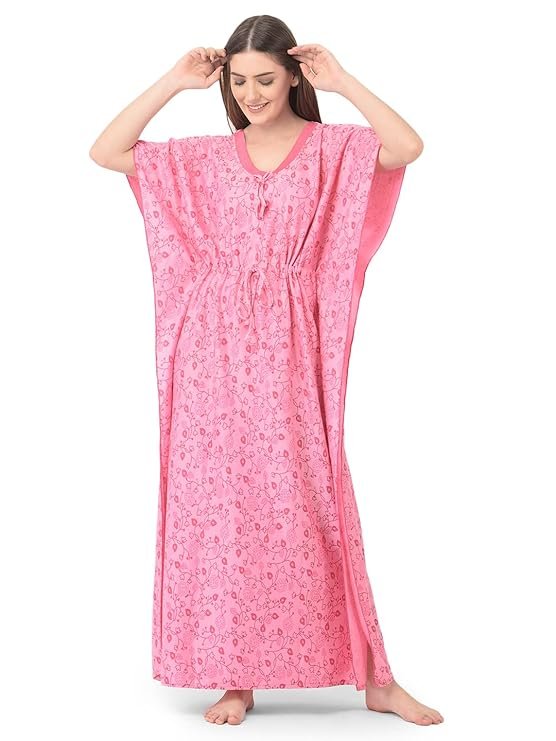 Noty Women's Soft Cotton Kaftan Maxi Nightgown Nighty Nightdress Nightwear -V-Neck- Floral