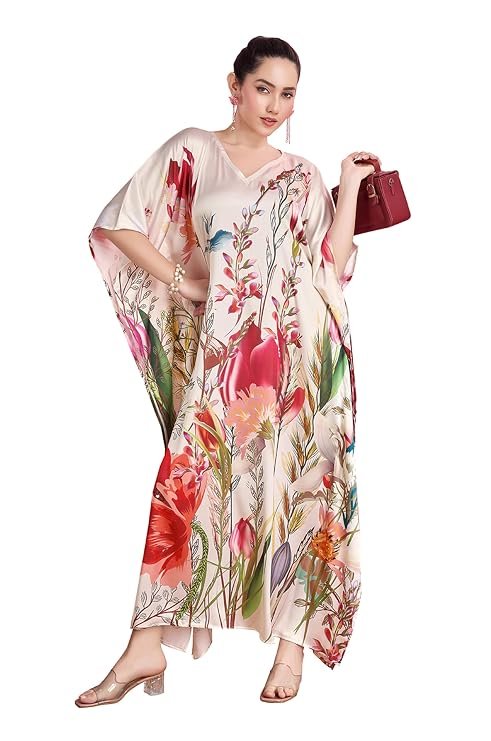 Label Aarna Premium Soft Satin Kaftan Dress for Women | Digital Print | Free Size (M-3XL) | Hidden Adjustable Belt |Trendy Festive Robe | Modern Wear Multicolour