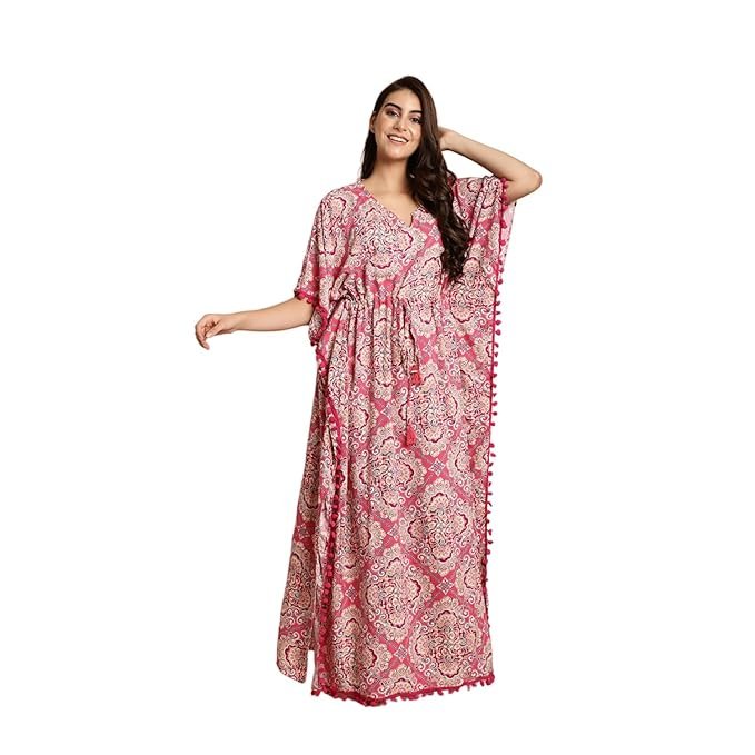 Secret Wish Women's Rayon Pink Kaftan Nighty/Free Size/Scree Print/Drawstring/Nightdress/Nightwear/Full Length