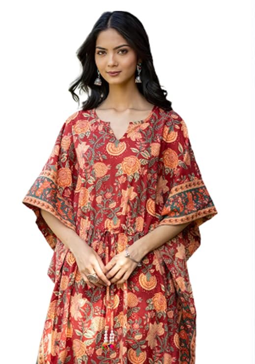Women's Pure Cotton Full Length Kaftan Dress, Notched Neck, Drawstring with Tassels at Waist, 2 Side Slits, Floral Print, Bohemian Style (Large)