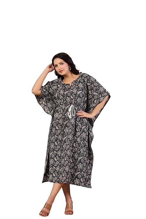 Crafts Moda Women's Cotton Kaftan - Night Dress Loungewear Relaxed Fit Midi Dress - Free Size Kantha Work Caftan