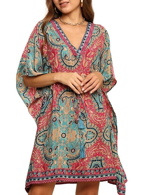 KE KANHA EXPORTS Kaftan Dress for Women Stylish|Beach Wear Dress for Women|Boho Border Print Kaftan|Adjustable Drawstring Tassel|Free Size M-XXL FREE Scrunchie Included