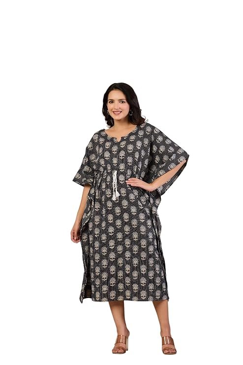 Crafts Moda Women's Cotton Kaftan - Night Dress Loungewear Relaxed Fit Midi Dress - Free Size Kantha Work Caftan