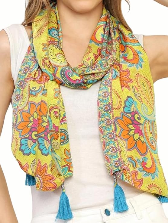 KE KANHA EXPORT Women Scarf|Stole For Women|Scarf For Women Stylish|Stall For Women|Border Print Face Cover Head Wrap|Boho|Beach|Multicolor|180x50cm|Pack Of 1|FREE Scrunchie Included