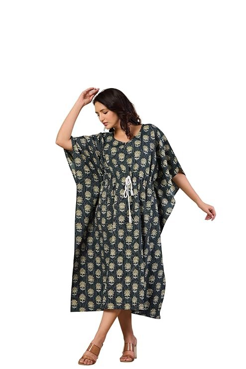 Crafts Moda Women's Cotton Kaftan - Night Dress Loungewear Relaxed Fit Midi Dress - Free Size Kantha Work Caftan