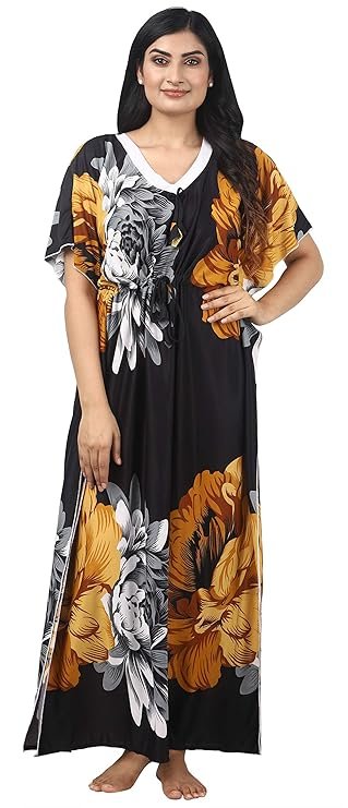 Noty Women's Kaftan Nighty | Serena Fabric | Floral Print Maxi | Short Sleeves | V Shaped Neck
