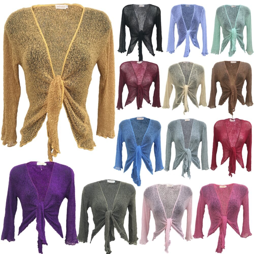 Handmade Knit Tie Front Shrug Sweater – Sheer Crochet Bolero Cardigan, Lightweight Summer Cover Up, Boho Festival Top, Beachwear Layer