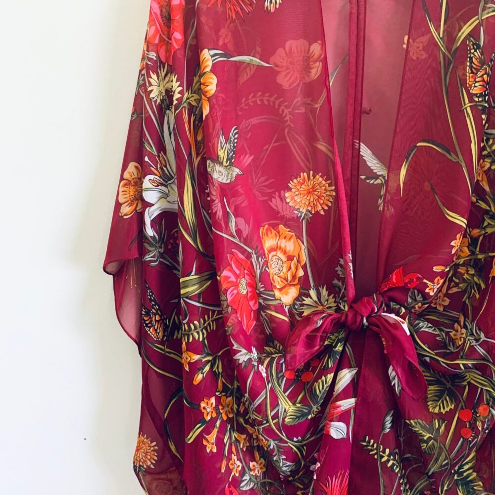 Burgundy Floral Kimono: Bohemian Sheer Beach Cover-Up