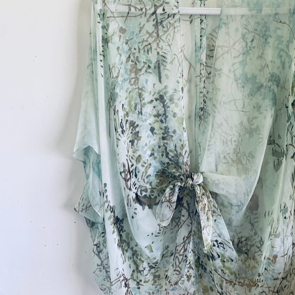Mint Green Branch Kimono: Bohemian Silky Beach Cover-Up