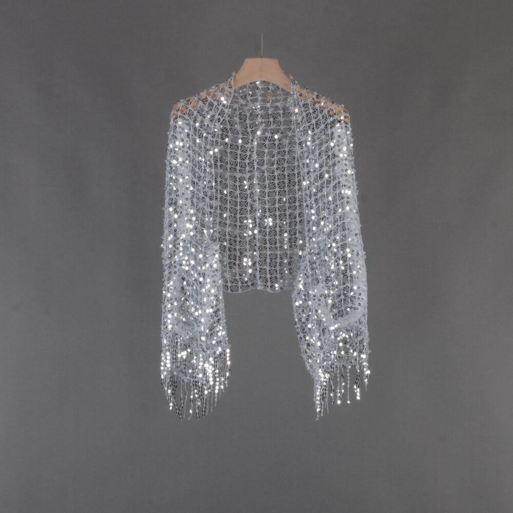 Silver Sequin Mesh Shrug with Tassels, Wedding Bolero