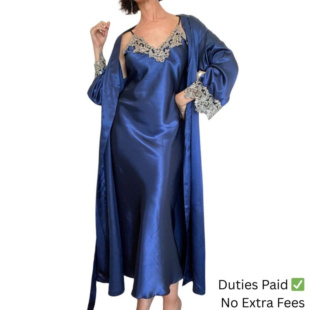 Navy Blue Long Satin Nightgown and Robe Set
