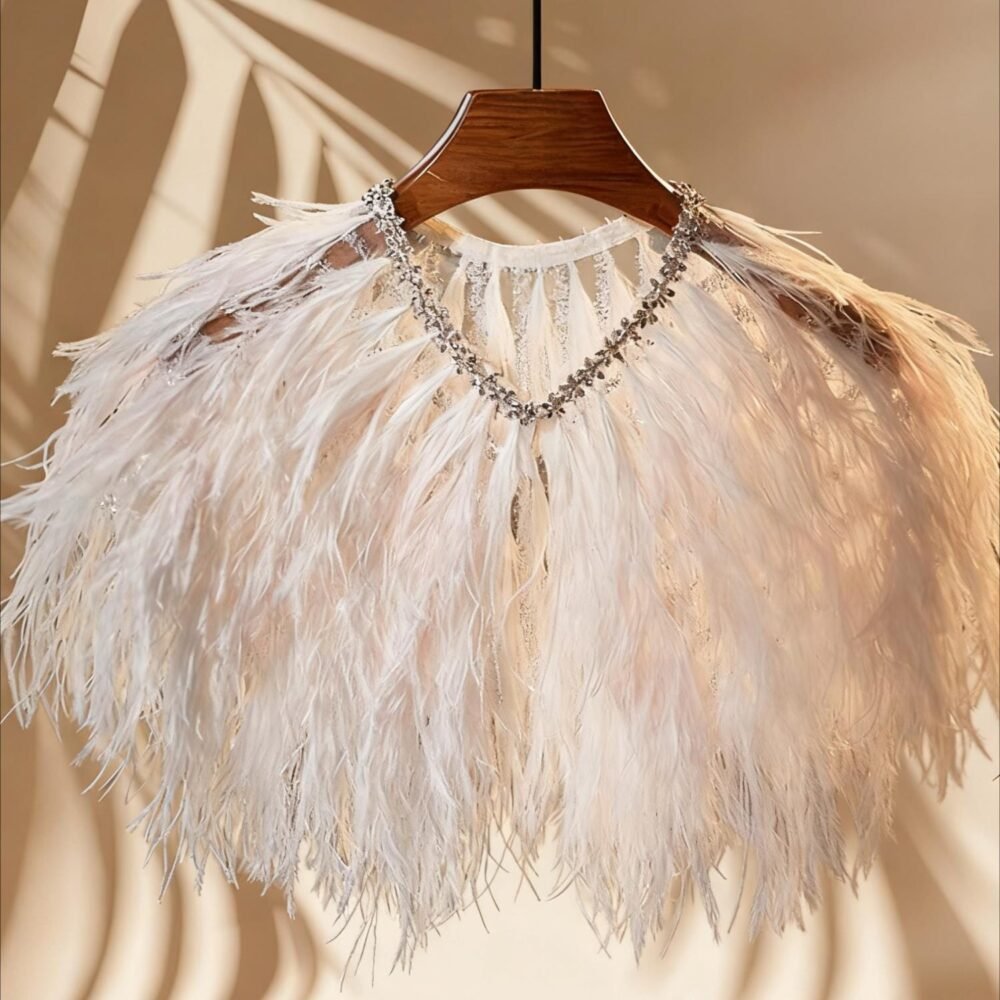 Feather Shoulder Cape with Crystal V Neck – Bridal Feather Shawl for Photoshoot or Ceremony