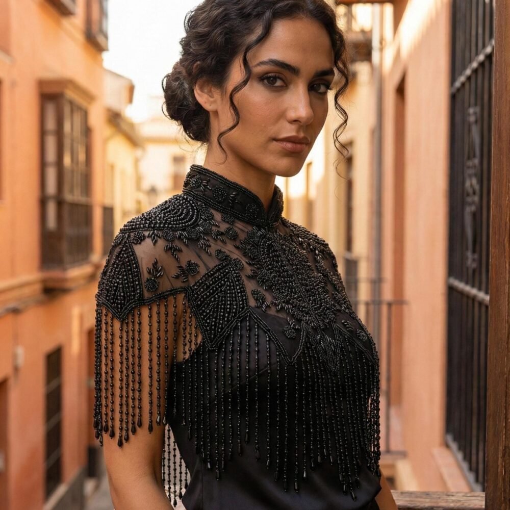 Black Pearls Beaded Fringe Bridal Cape: Wedding Cover-Up Shrug