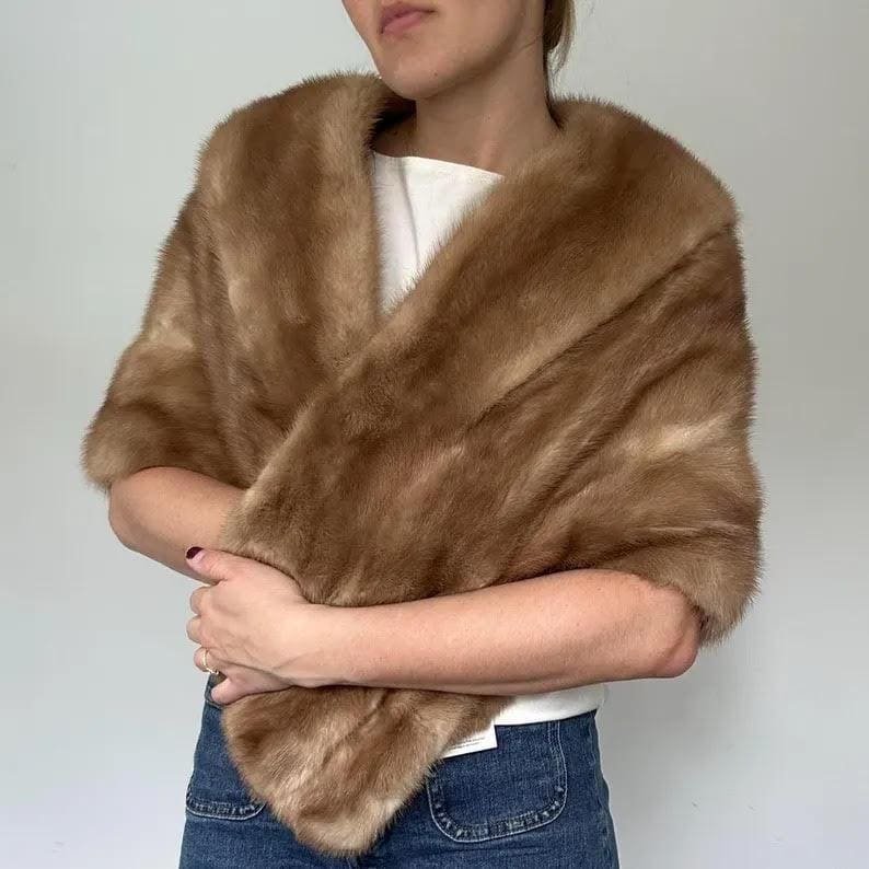 Women's Vintage Real Mink Fur Stole – Luxurious Light Brown Cape Shawl