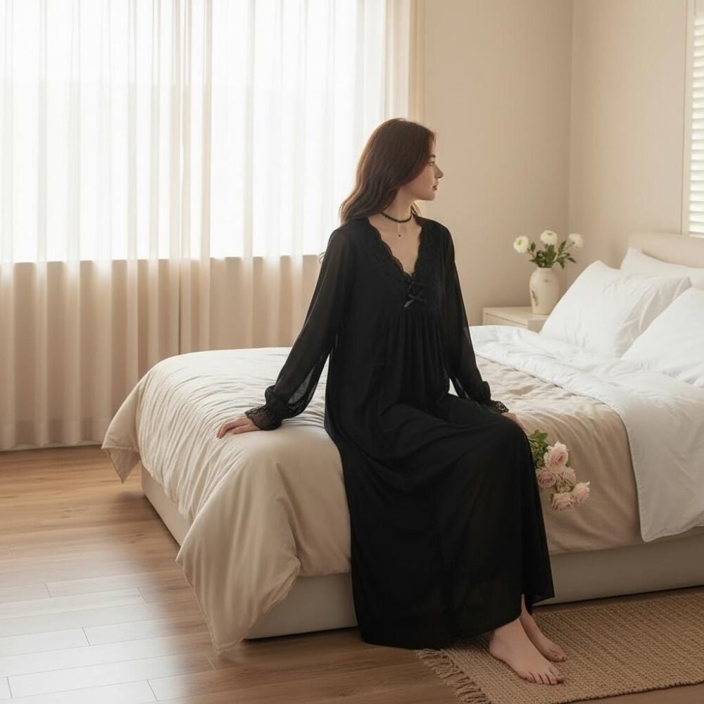 Black Long Sleeve Nightgown for Women, Loose Vintage Lounge Sleep Dress Spring Summer, Modest Nightwear Gift for Mother Day