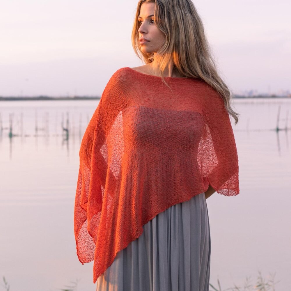 Knitted wedding shawl for bridesmaids, Orange sheer poncho lightweight, Stole for rustic wedding, Maid of honor gift, Wedding accessories