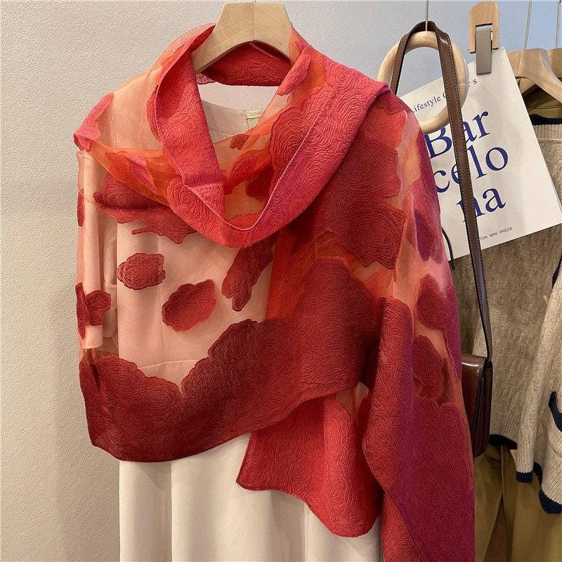 3D Cut-Flower Rose Scarf, Korean Style Organza Silk Shawl for Spring Autumn, Large Floral Wrap 25”x75”, Elegant Women's Long Evening Stole