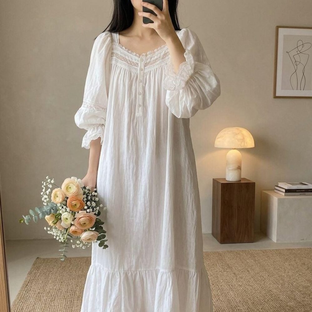 Cottagecore Victorian Lace Nightgown | Romantic Princess Ruffle Sleep Dress | Soft Cotton Coquette Nightwear