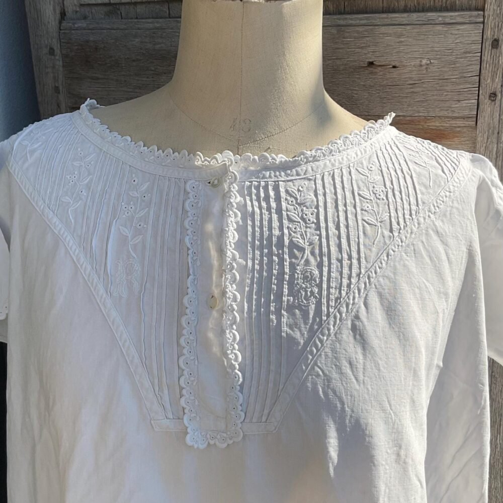 RB monogrammed vintage French night gown or summer dress, hand stitched, floppy silky linen, scalloped cutwork hems, beautiful embroidered