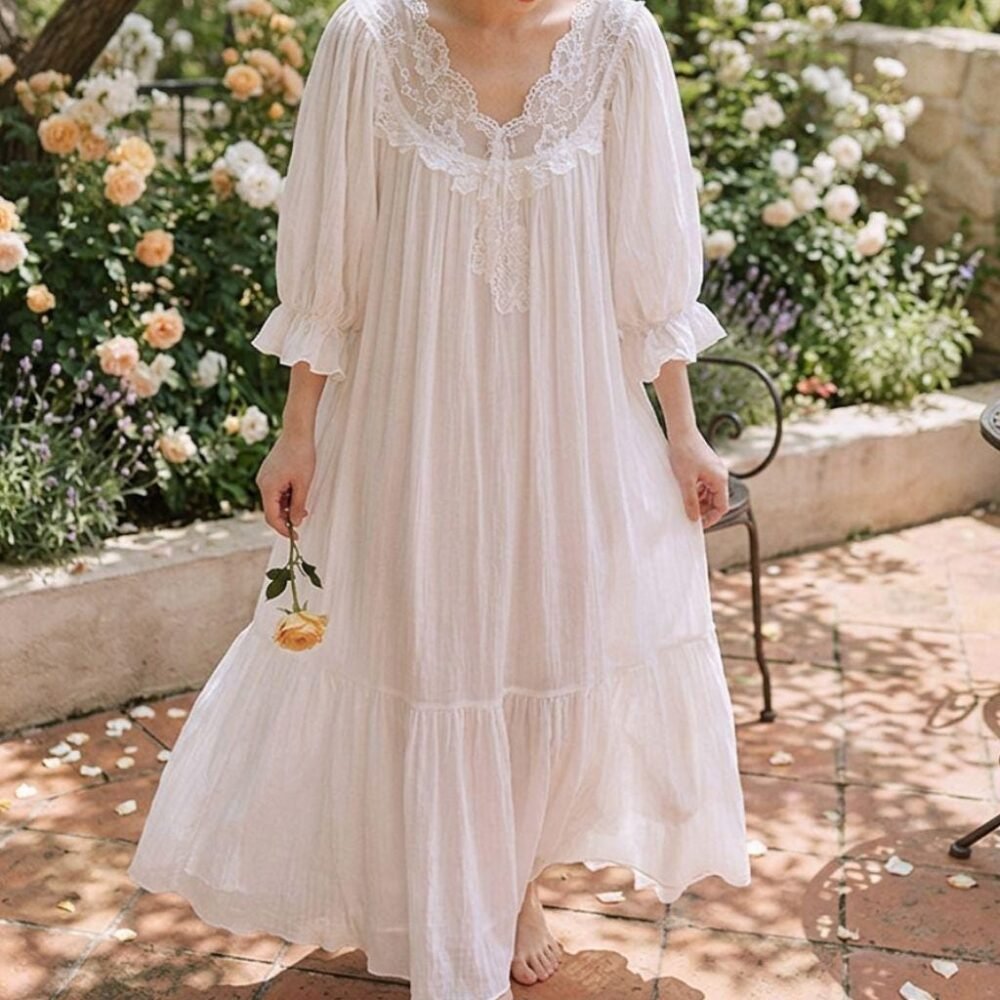 Victorian Cotton Nightgown – White Lace Long Sleeve Sleep Dress, Fairycore Loungewear
