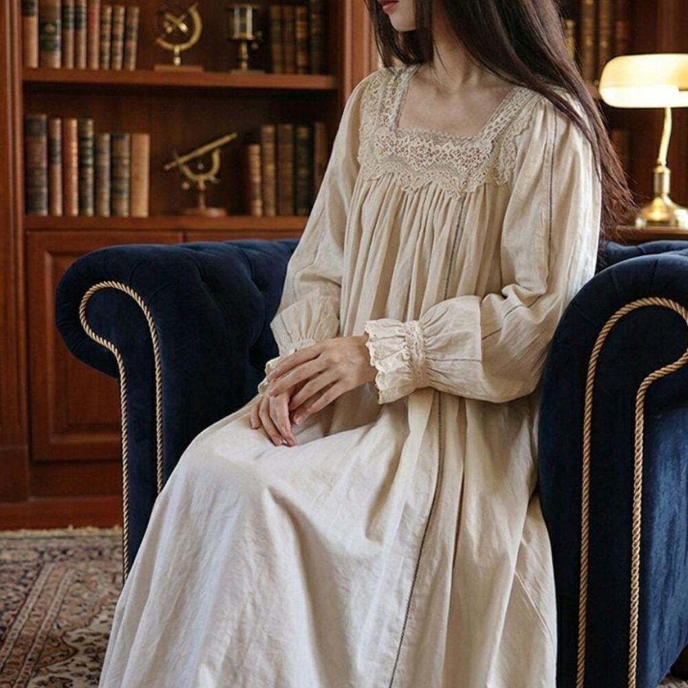 Vintage Princess Square Neck Nightgown | Long Sleeve Cream Sleep Dress | Romantic Homewear
