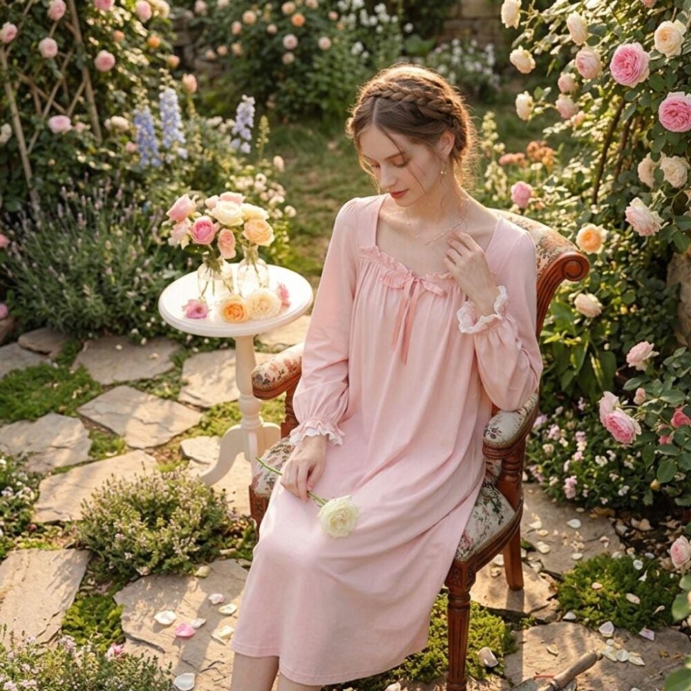 French Lace Nightgown | Vintage Pink Modal Long Sleeve Sleep Dress