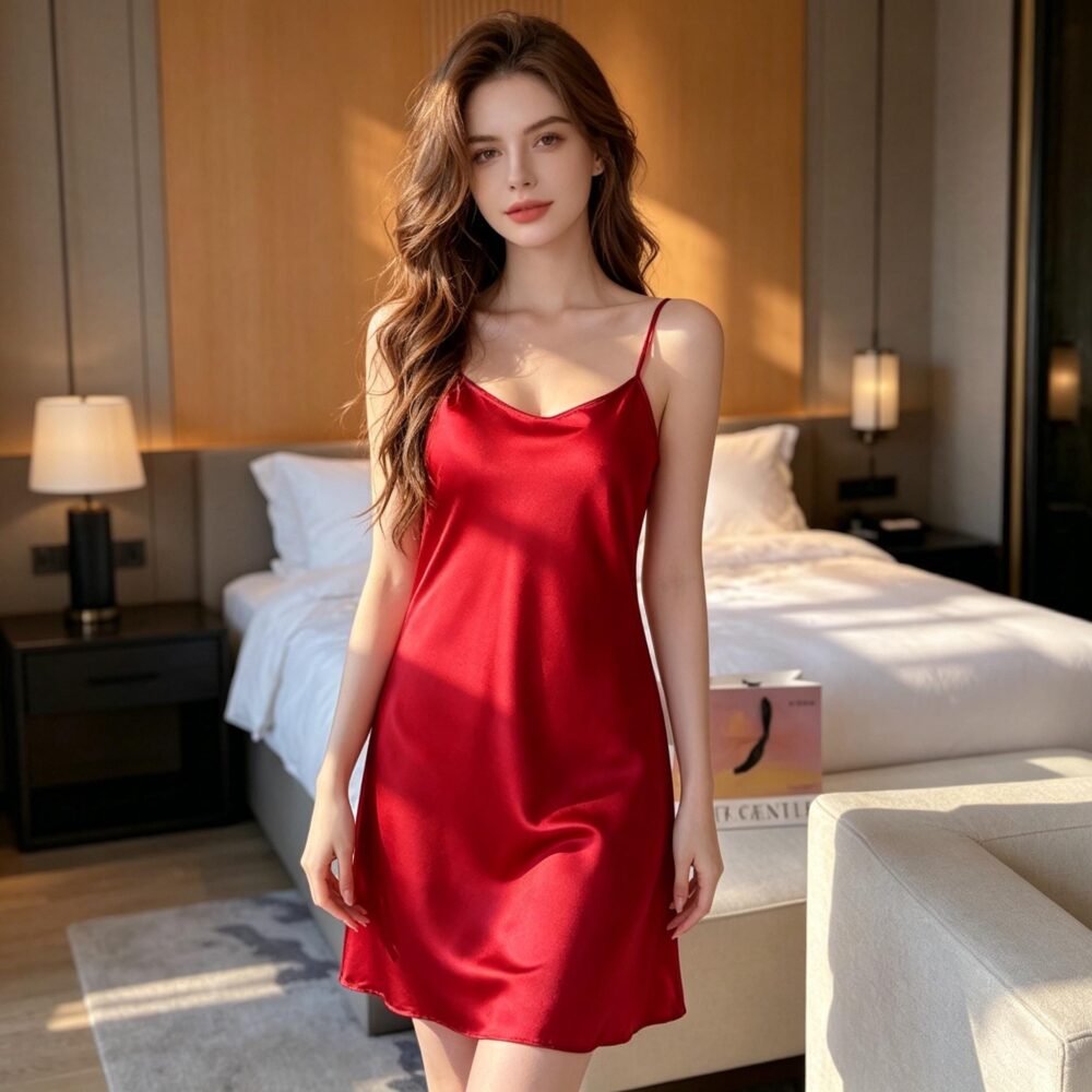 Women's Red Satin Camisole Nightgown | Elegant Silky V-Neck Nightgown | Luxurious Soft Sleeveless Camisole Pajamas, Valentine's Day Gift.