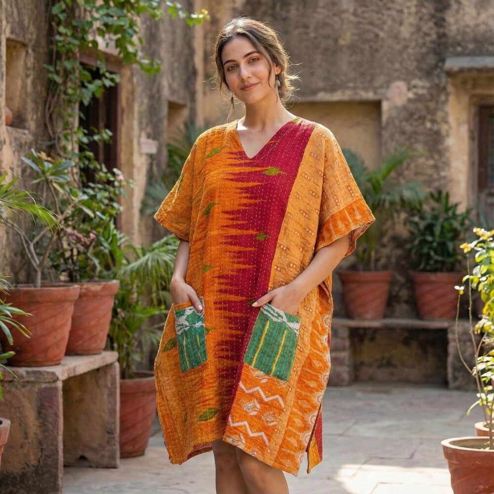 Artisanal Kantha Embroidery Kimono – Hand-Stitched Vintage Saree Jacket, Patchwork Cotton Duster